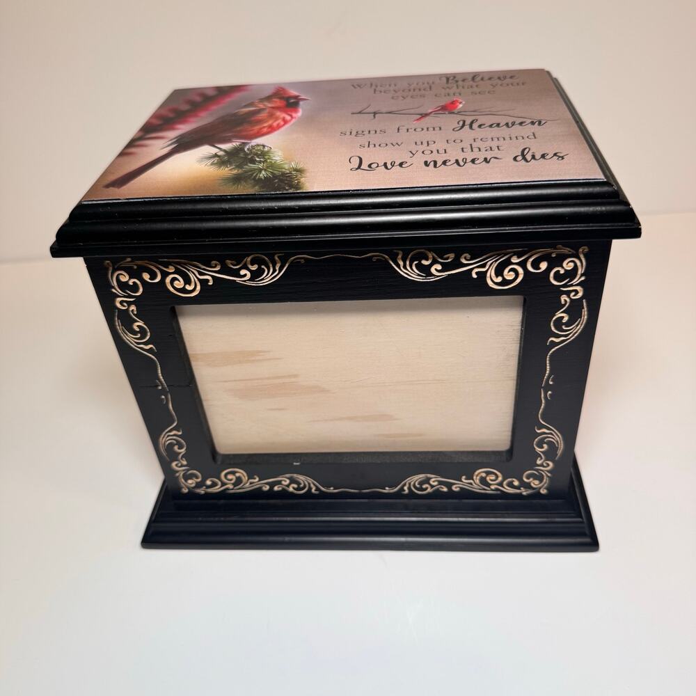 Cardinal Cremation Urn Box with Picture Frame Wooden Burial Memorial Casket